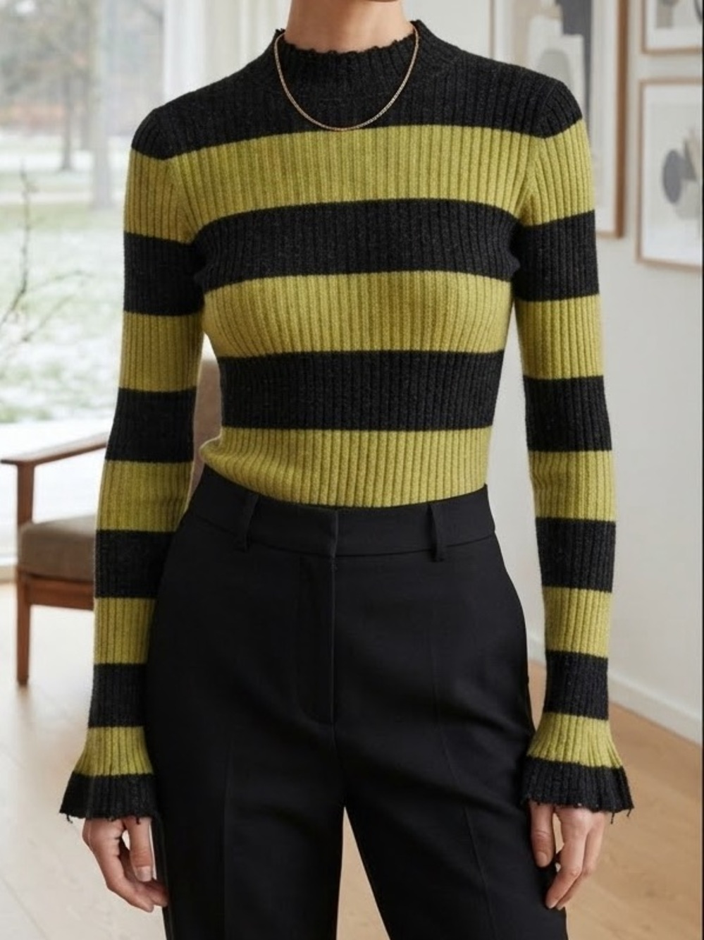 Wool Blend Striped Black and GreenSweater